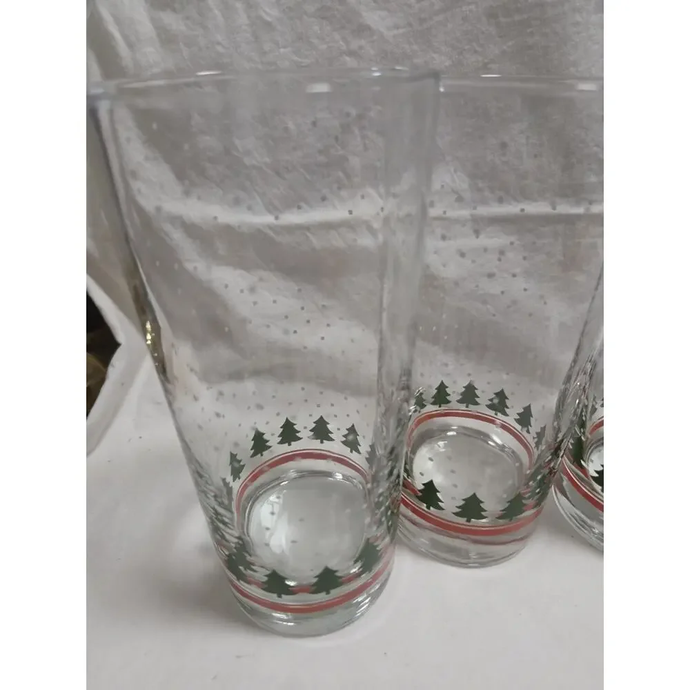 4 Vintage Christmas Tree RED BAND Snowflake Glasses Tumbler Libbey